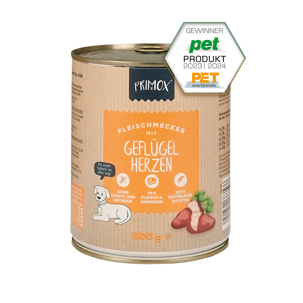 Primox Nassfutter mit Geflügelherzen 800g